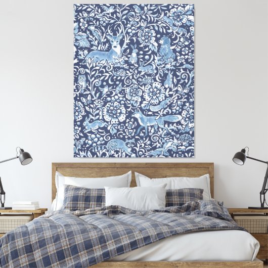 Prachtig groot blauw wit bos dierlijk patroon canvas afdruk (Insitu (Slaapkamer))