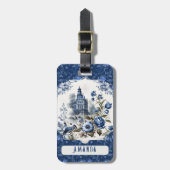Prachtig kasteel bloemenblauw toile de jouy monogr bagagelabel (Voorkant verticaal)