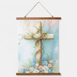 Prachtig kruis met bloemen en een wijnstok hangend wandkleed