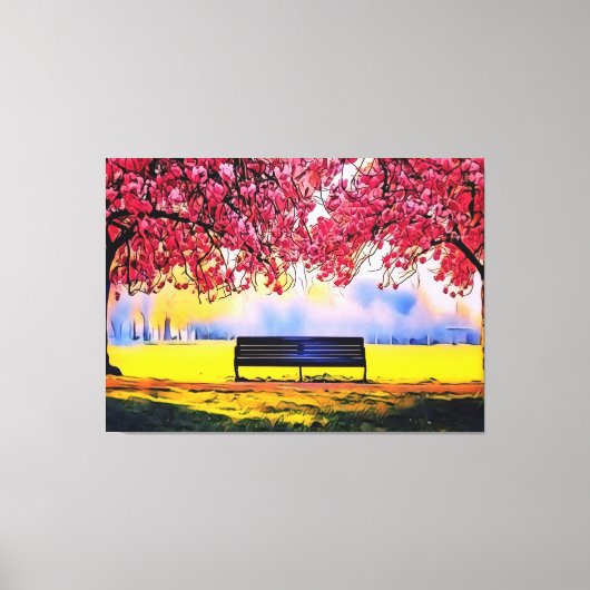 Prachtig landschap met kersenbomen en een bank canvas afdruk (Voorkant)