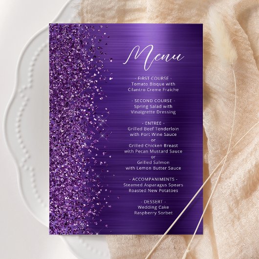 Prachtig paarse glitterscript bruiloft menu