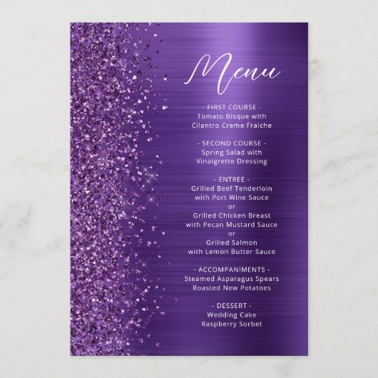 Prachtig paarse glitterscript bruiloft menu (Voorkant)