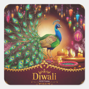 Prachtig Pauw Diya Festival van Licht Happy Diwali Vierkante Sticker
