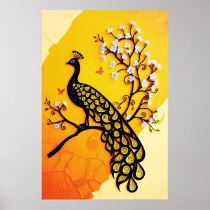 Prachtig pauw silhouet met bloemenaccenten poster