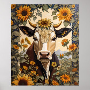 Prachtig platteland Koe Zonnebloem Decoratief Poster