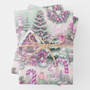 Prachtig roze kerstdorp cadeau inpakpapier vel