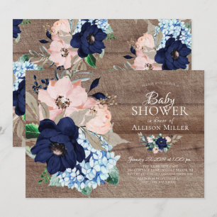 Prachtig rustiek Navy & Blush Bloemen Baby shower Kaart
