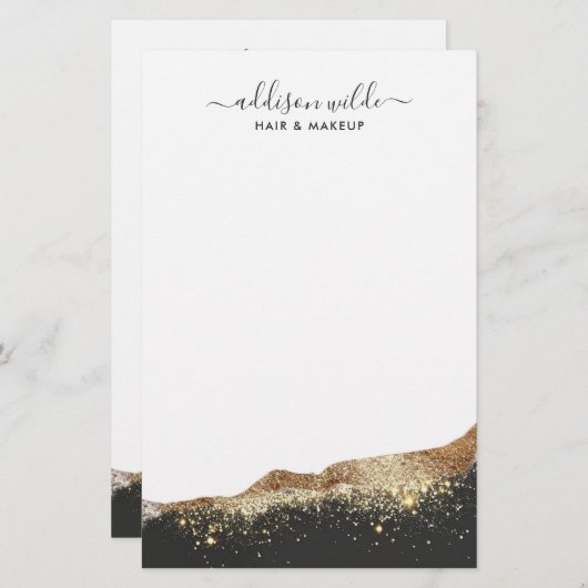 Prachtig zwart en goud glitter trendy script briefpapier (Voorkant / Achterkant)
