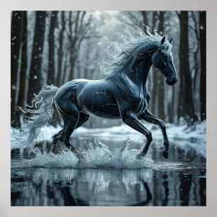Prachtig zwart paard dat door het water rent poster