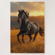Prachtig zwart paard herfst landschap legpuzzel