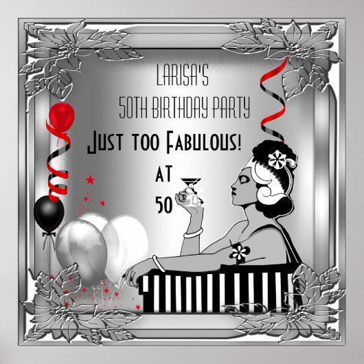 Prachtige 50 Diva Art Deco Verjaardagsbanner Rood Poster (Voorkant)