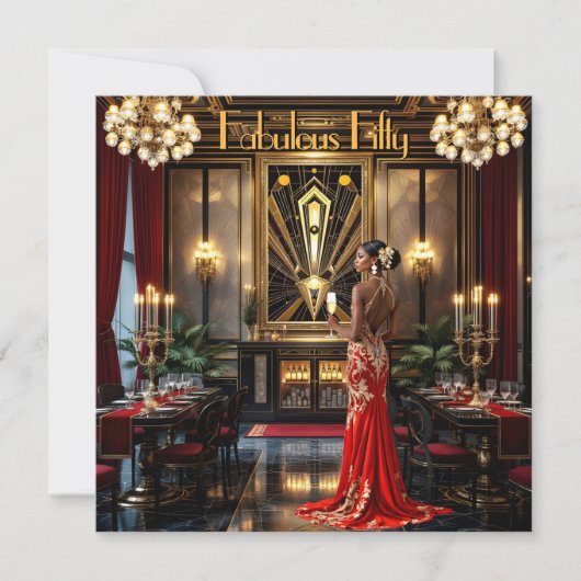 Prachtige 50e Art deco Vrouw Afro-Amerikaans Rood Kaart (Voorkant)