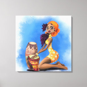 Prachtige Afrikaanse Drummer Girl - Happy Music Pa Canvas Afdruk