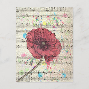 Prachtige antiek muzieknoten voor papaverbloemen briefkaart