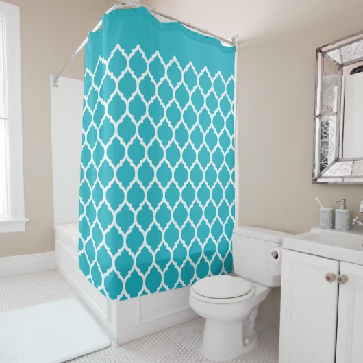 Prachtige Aqua Blue Moroccan Quatrefoil Pattern Douchegordijn (In situ)