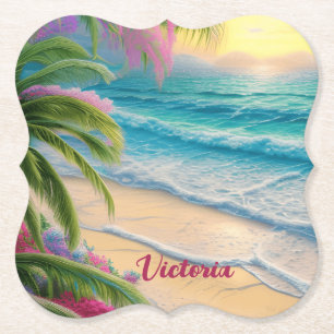 Prachtige Beach Ocean Waves Zand Palm Bomen Kartonnen Onderzetters