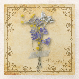  prachtige beige bloemen met naam glazen onderzetter