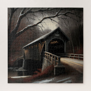 Prachtige besneeuwde overdekte brug puzzel