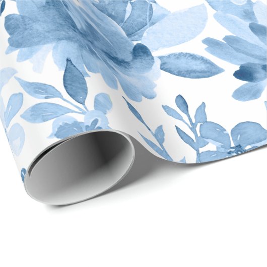Prachtige blauwe en witte Waterverf Floral Cadeaupapier (Rol Hoek)