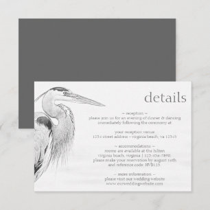 Prachtige blauwe heron Bird Sketch Wedding Details Informatiekaartje