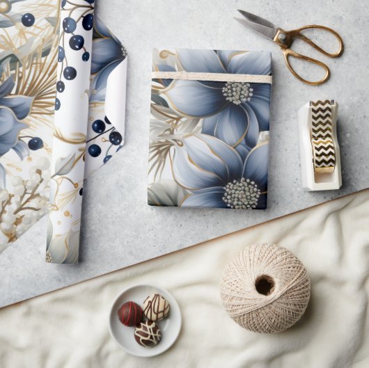 Prachtige Blauwe Kerstmis Bloemen Cadeaupapier (Crafts)