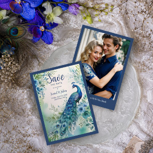 Prachtige Blauwe Pauw Waterverf Foto TLW26 Save The Date