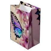 Prachtige blauwe vlinder en roze bloemen medium cadeauzakje (Voorkant Gekanteld)
