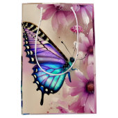 Prachtige blauwe vlinder en roze bloemen medium cadeauzakje (Voorkant)