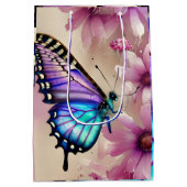 Prachtige blauwe vlinder en roze bloemen medium cadeauzakje (Achterkant)