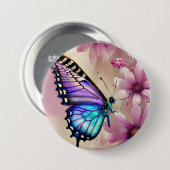 Prachtige blauwe vlinder en roze bloemen ronde button 7,6 cm (Voorkant /achterkant)