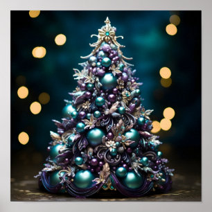 Prachtige Blauwgroen en paarse kerstboom Poster