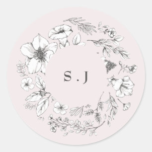 Prachtige Blush Floral Monogram Sketched Wreate Ronde Sticker