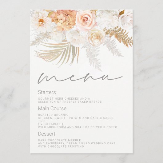 Prachtige Blush, Goud & Ivoor Bruiloft Menu (Voorkant)