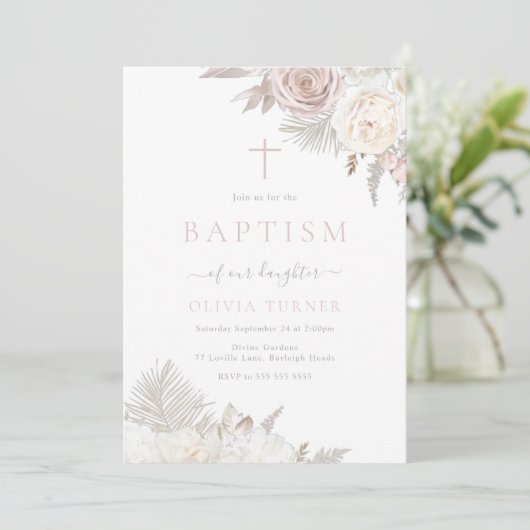 Prachtige Blush & Ivoor Bloemen Doop Kaart (Staand voorkant)