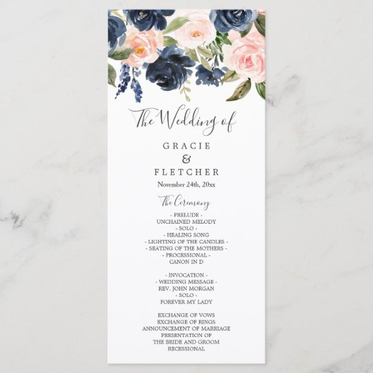 Prachtige Blush & Navy Flowers Wedding Programma (Voorkant)