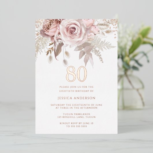 Prachtige blush Roos 80th Birthday Roos Gold Folie Uitnodiging (Staand Voorkant)