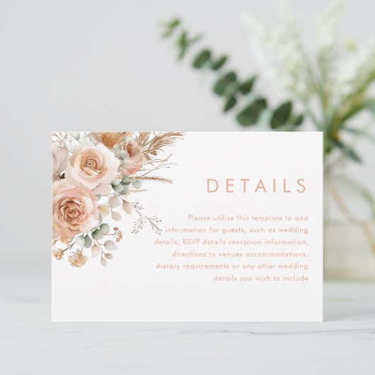 Prachtige Boho Bloemen Trouwdetails Informatiekaartje (Staand voorkant)