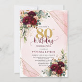 Prachtige Boho Burgundy Gouden Rozen 80ste Verjaar Kaart (Voorkant)
