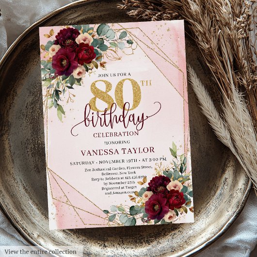 Prachtige Boho Burgundy Gouden Rozen 80ste Verjaar Kaart