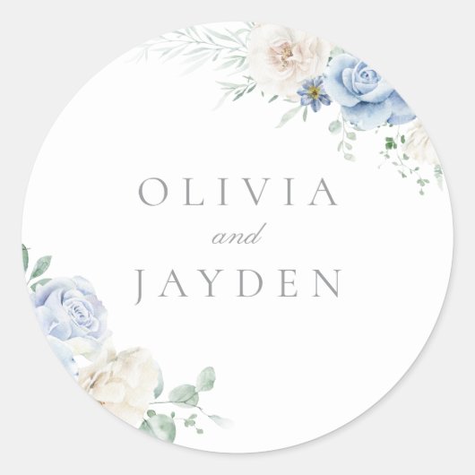 Prachtige botanische witte en blauwe bloemen bruil ronde sticker (Voorkant)