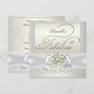 Prachtige Crème Witte Parel Kant Damast Diamant Kaart