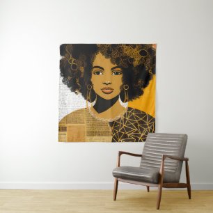 Prachtige Curly Hair Afro-Amerikaanse Vrouw Collag Wandkleed