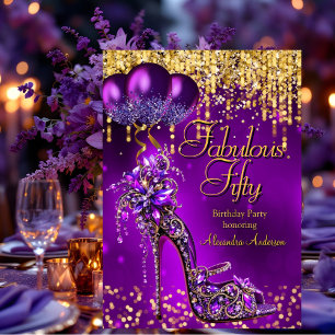 Prachtige Fifty Party Paarse Glitter Gouden Stilet Kaart