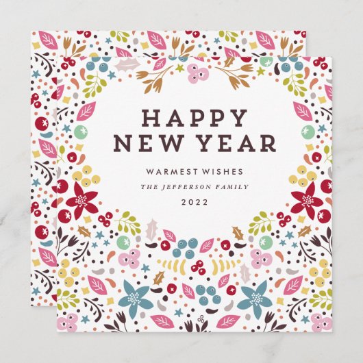 Prachtige Floral Happy Nieuwjaarstekst Feestdagenkaart (Voorkant / Achterkant)