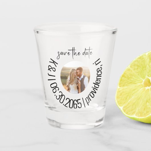 Prachtige foto shotglas trouwkaart Save the Date Shot Glas (Voorkant)