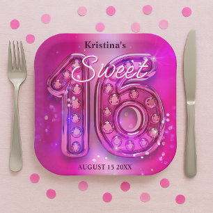 Prachtige Fuchsia Gejuweelde Sweet Sixteen Mijlpaa Papieren Bordje