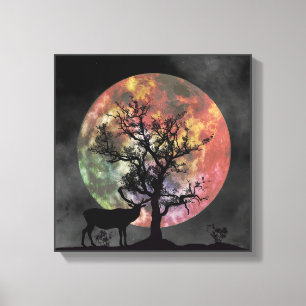 Prachtige Full Moon Elk Silhouette Canvas Wall Art Afdruk