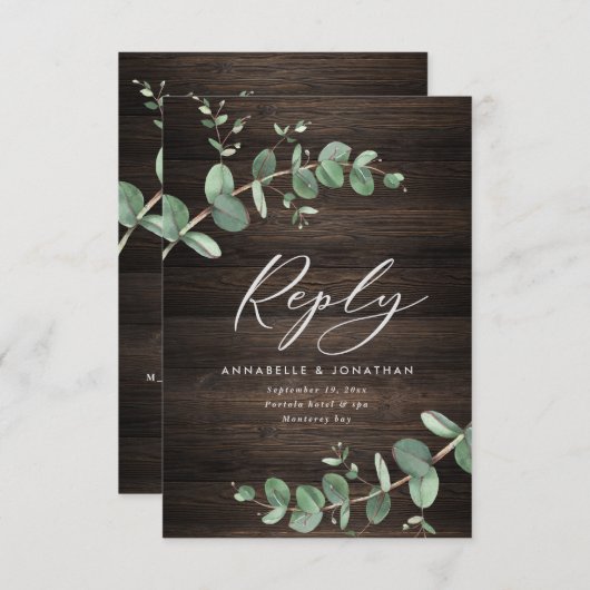 prachtige groene eucalyptusbruiloft donker hout RSVP kaartje (Voorkant / Achterkant)