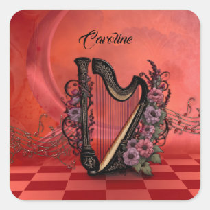 Prachtige harp met kleurrijke bloemen. vierkante sticker