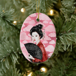 Prachtige Japanse Geisha en Cloud Kerstmis Keramisch Ornament